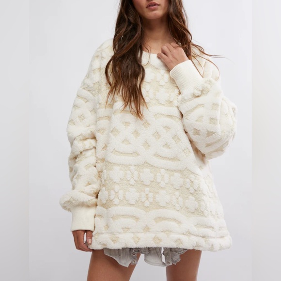 Free People Tops - Free People Cream Textured Fleece Pullover Sweatshirt